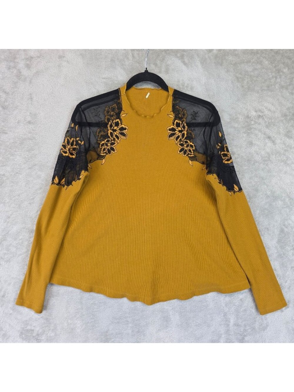 Free People Daniella Top Womens M Yellow Sheer Floral Lace Mock Neck